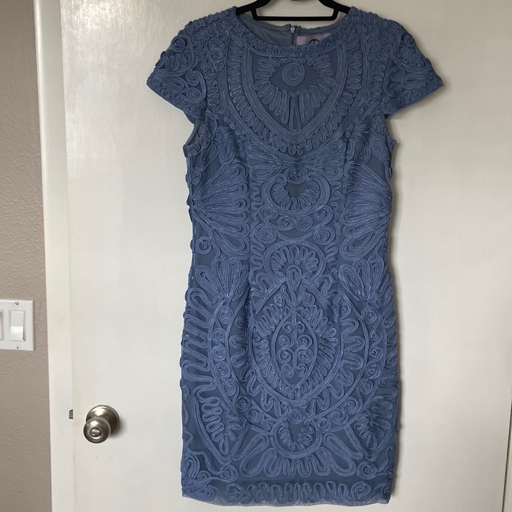 JS collections embroidered blue lavender with capped sleeves.